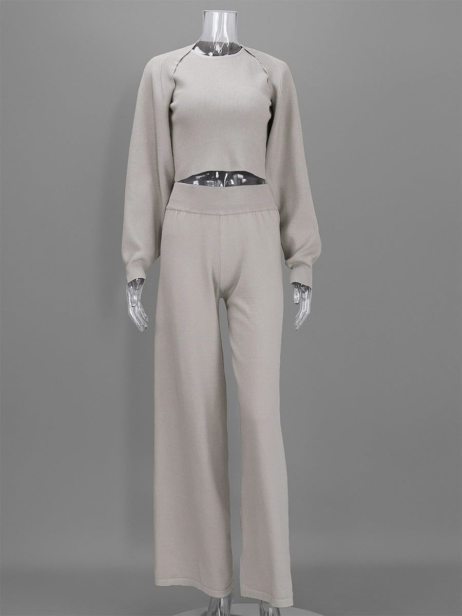 Three-Piece Knit Set: Cropped Tank, Balloon-Sleeve Shrug & Wide-Leg Pants in Taupe — set front view
