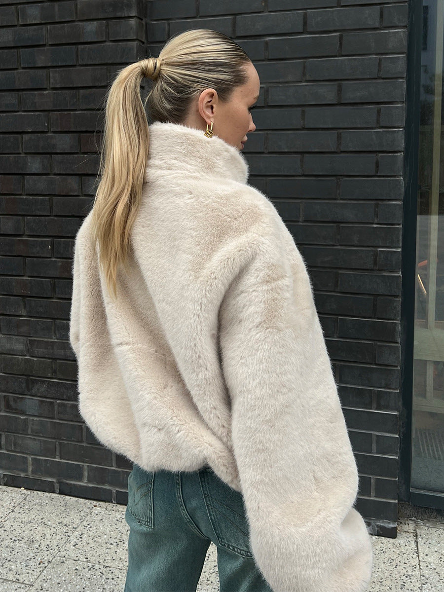 Plush Faux Fur Zip-Up Jacket with Stand Collar in Cream — back view on model