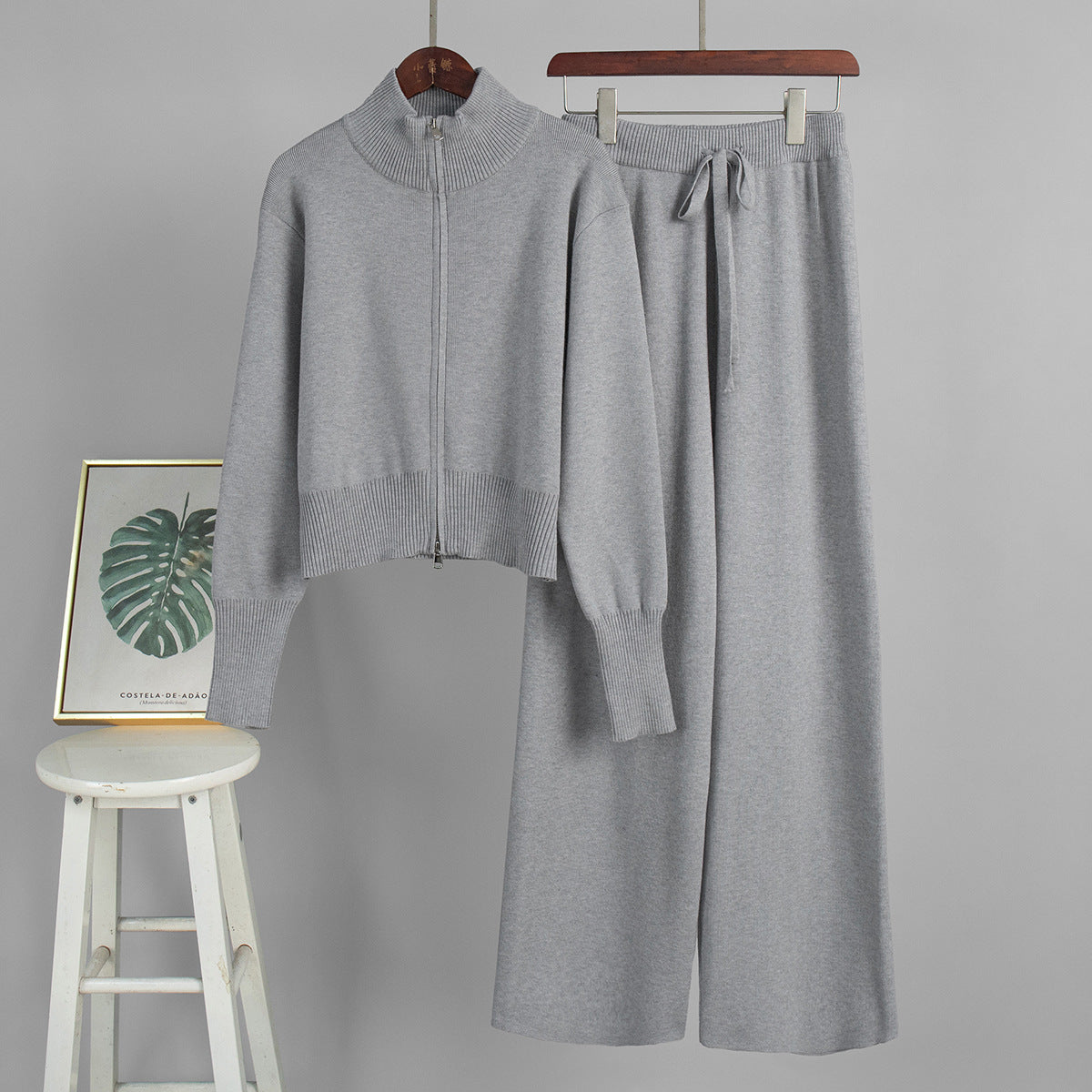 Knit Zip-Up Jacket & Wide-Leg Pants Two-Piece Set in Heather Gray — front view