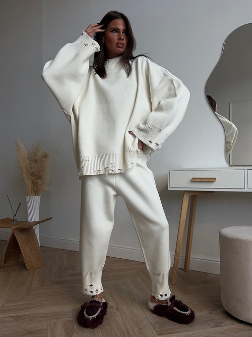 Distressed-Hem Oversized Knit Sweater & Jogger Set in Cream — full-length view on model