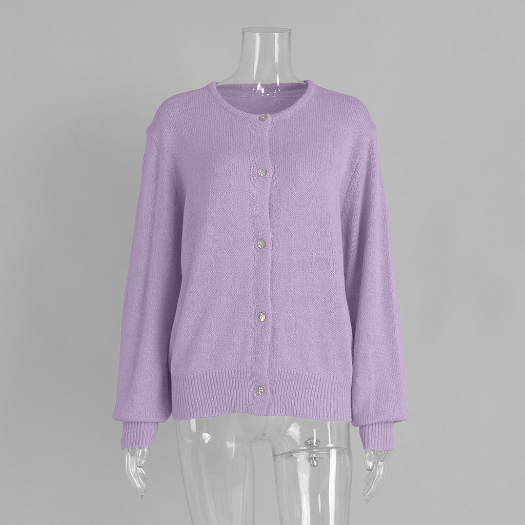 Soft Fuzzy Crew Neck Button Cardigan in Lavender — front view