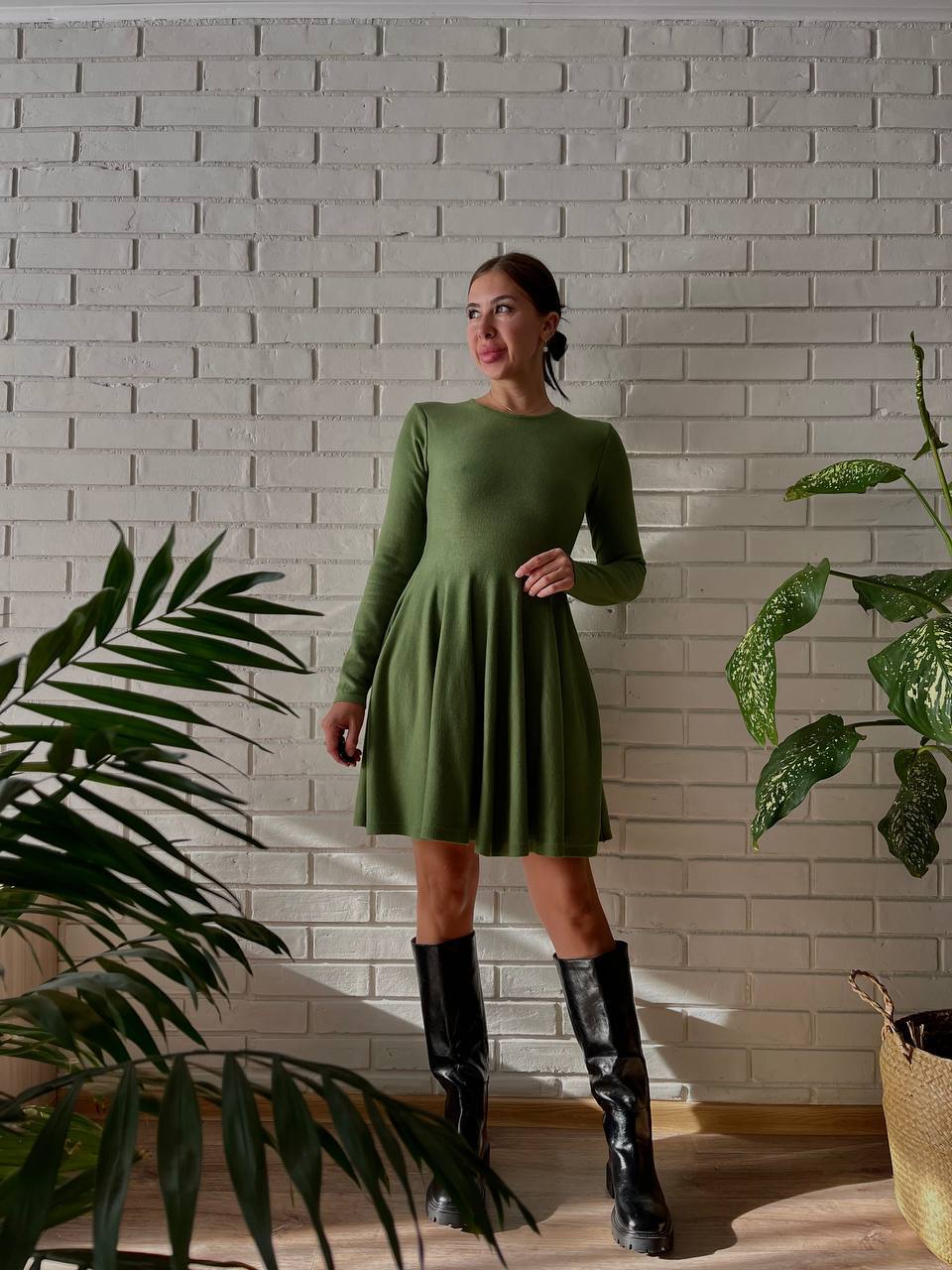 Fitted Knit Skater Mini Dress with Long Sleeves in Moss — full-length view on model