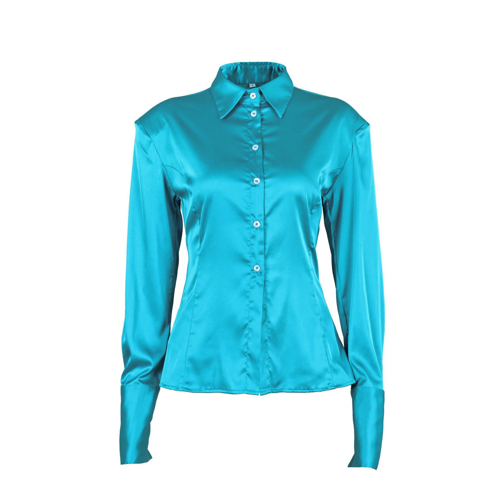 Fitted Stretch Satin Button-Up Shirt in Teal — front view, laid flat
