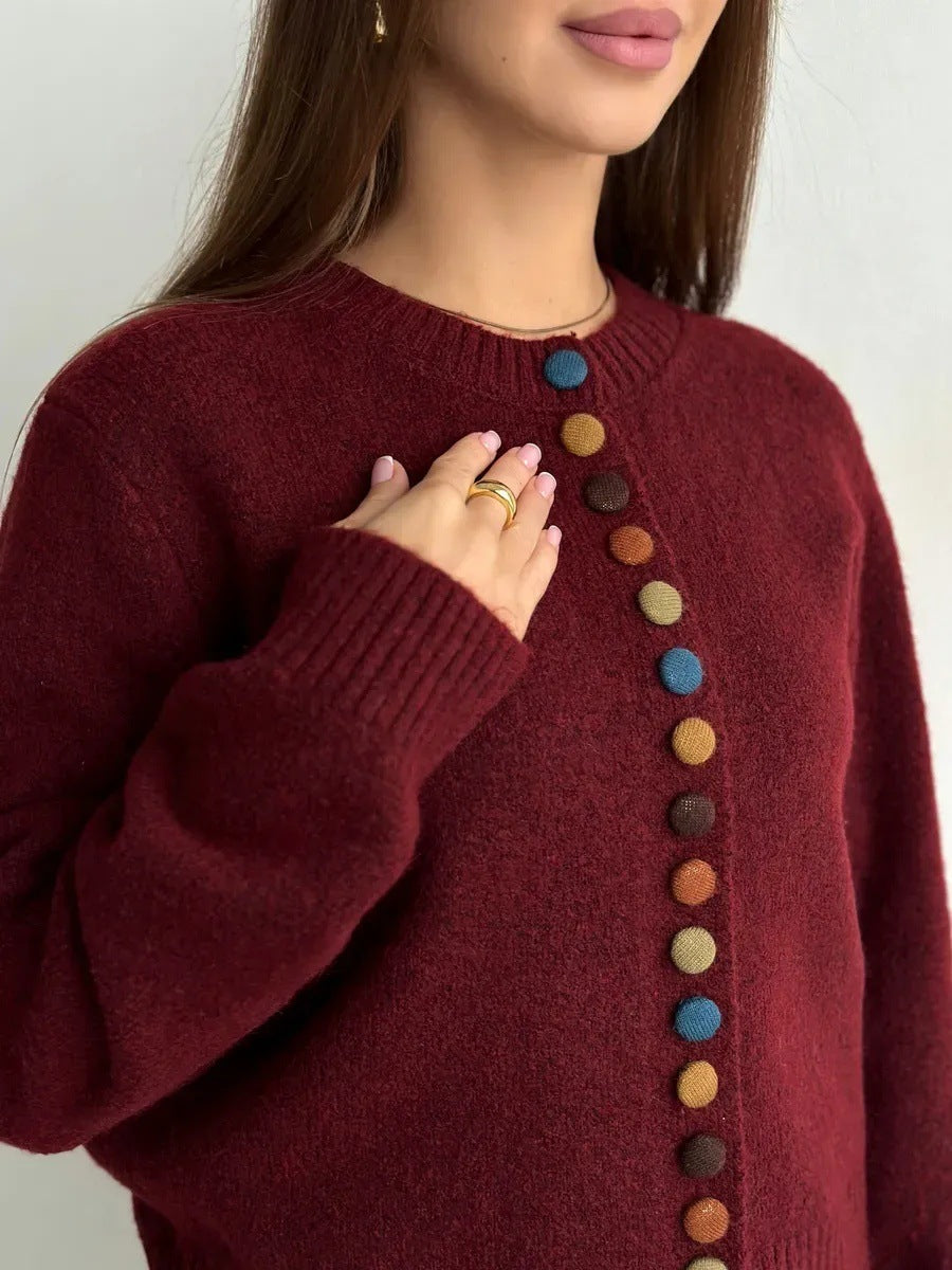 Crew-Neck Cardigan with Multicolor Buttons in Burgundy — close-up of the multicolor buttons