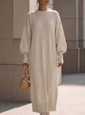 Balloon-Sleeve Knit Maxi Sweater Dress in Ivory — full-length view on model