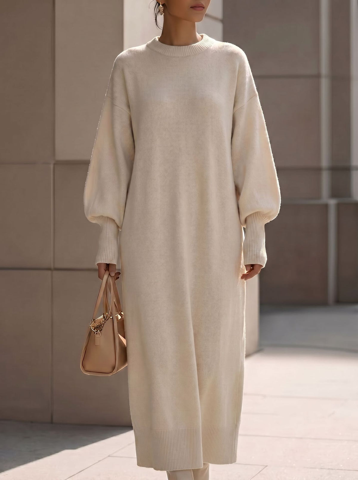 Balloon-Sleeve Knit Maxi Sweater Dress in Ivory — full-length view on model