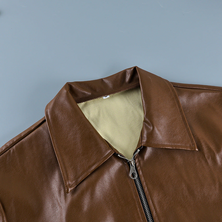 Faux Leather Bomber Jacket with Point Collar in Brown — close-up of the collar