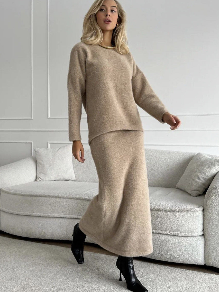 Brushed Knit Sweater & Mermaid Maxi Skirt Set in Oat — full-length view on model