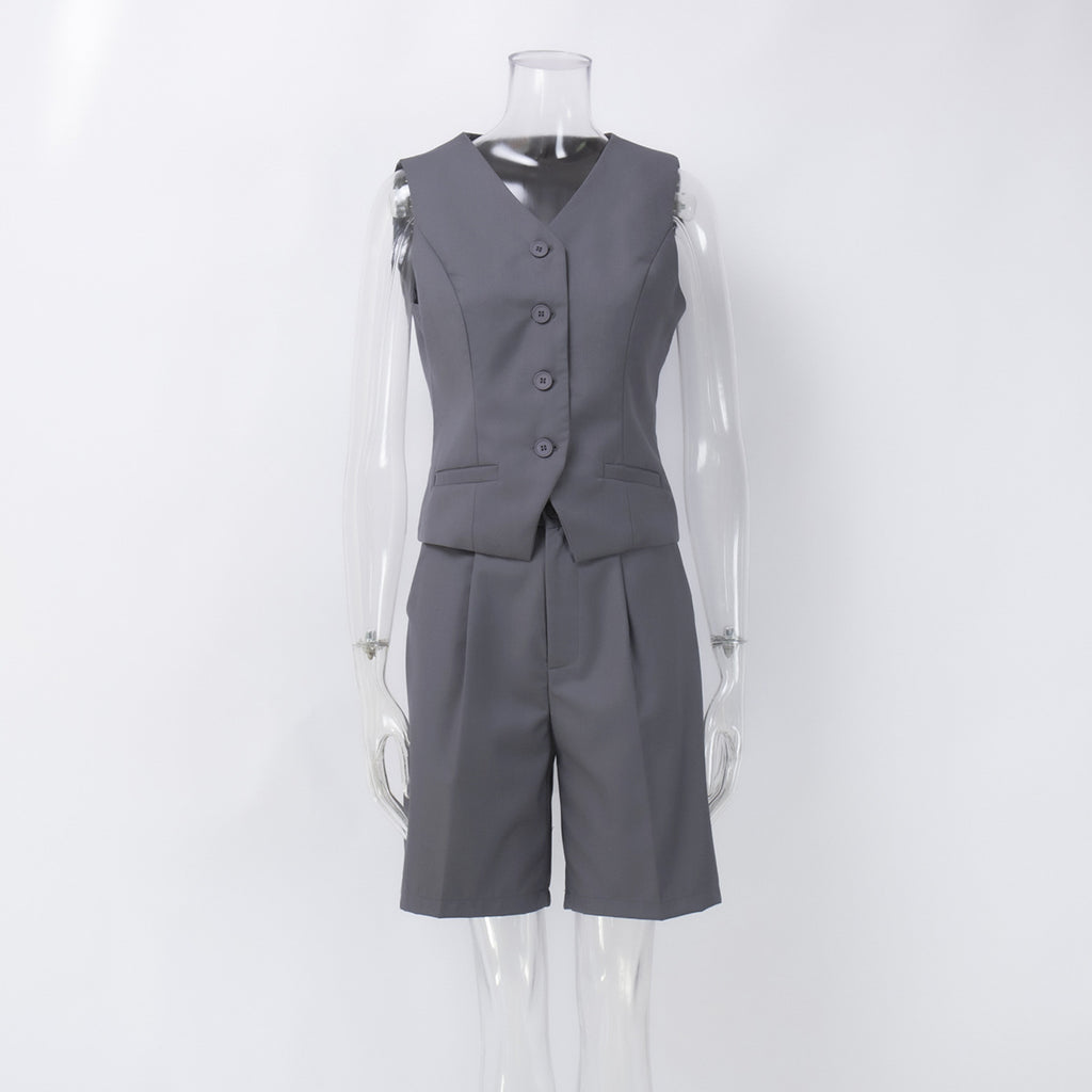 V-Neck Vest & Pleated Shorts Set in Gray — front view on mannequin