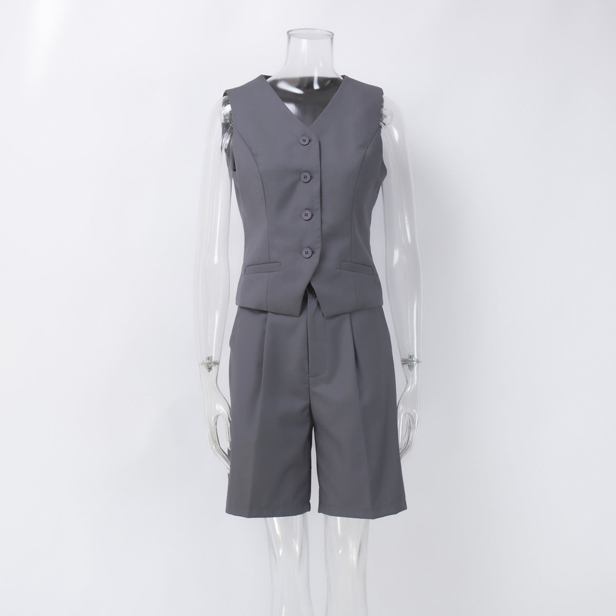 V-Neck Vest & Pleated Shorts Set in Gray — front view on mannequin