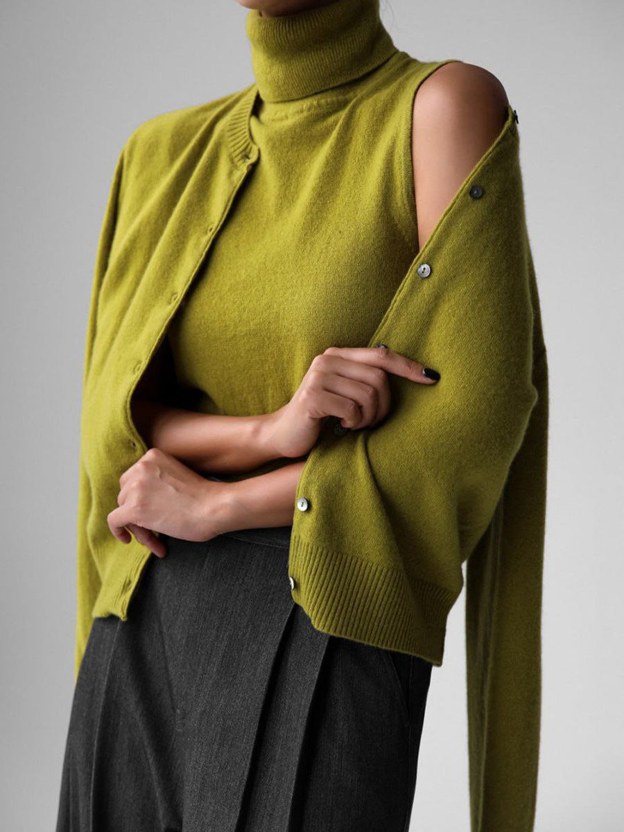 Sleeveless Turtleneck Knit Top & Cardigan Twin Set in Olive Green (Set (Top + Cardigan)) — front view