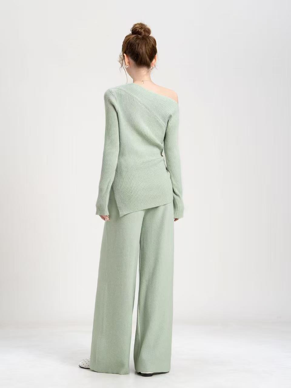 Asymmetric Off-Shoulder Rib-Knit Top & Wide-Leg Pants Set in Sage — back view on model