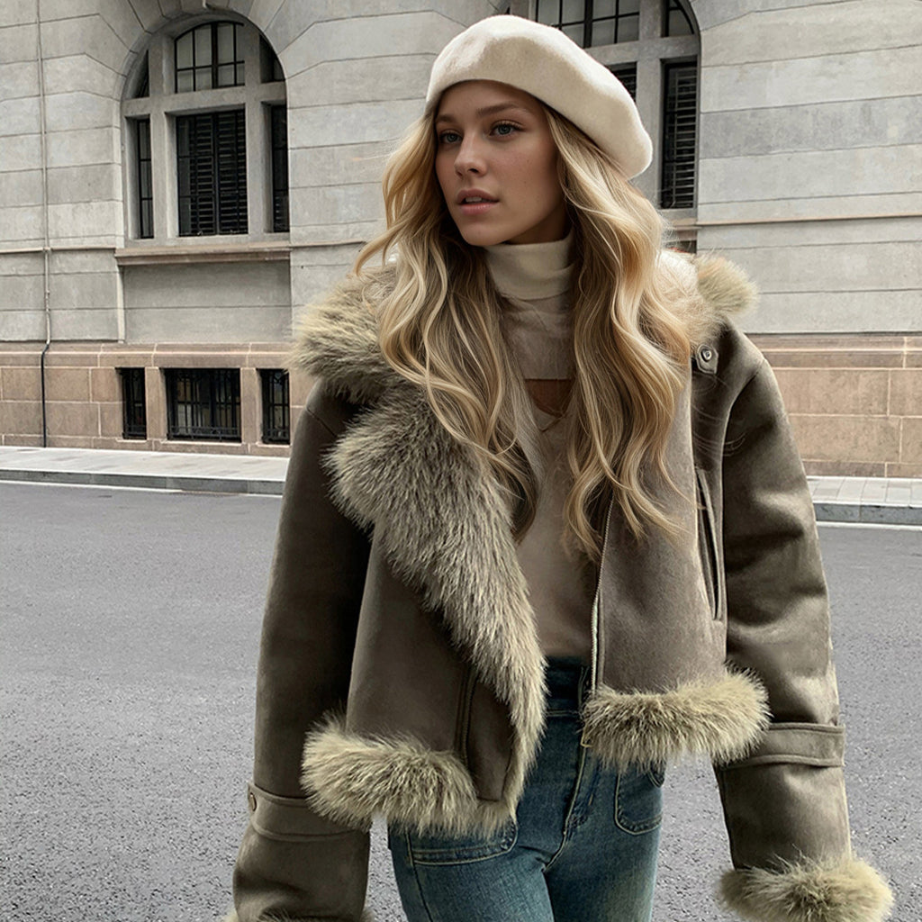 Cropped Faux Suede Shearling Jacket with Faux Fur Collar in Olive — front view on model, worn open over a turtleneck