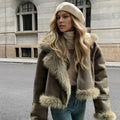 Cropped Faux Suede Shearling Jacket with Faux Fur Collar in Olive — front view on model, worn open over a turtleneck