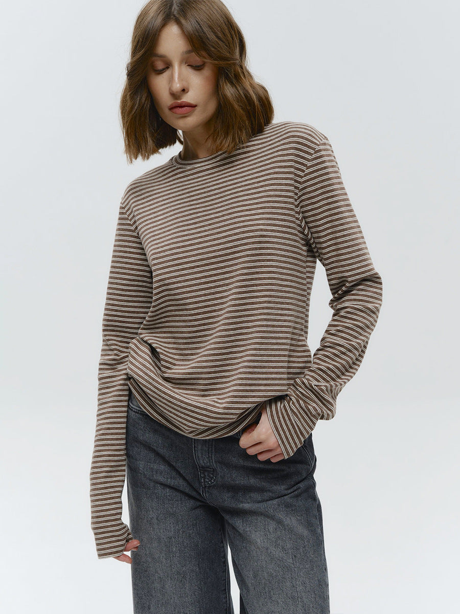 Striped Cotton Crew Neck Long Sleeve Tee in Mocha Stripe — front view on model