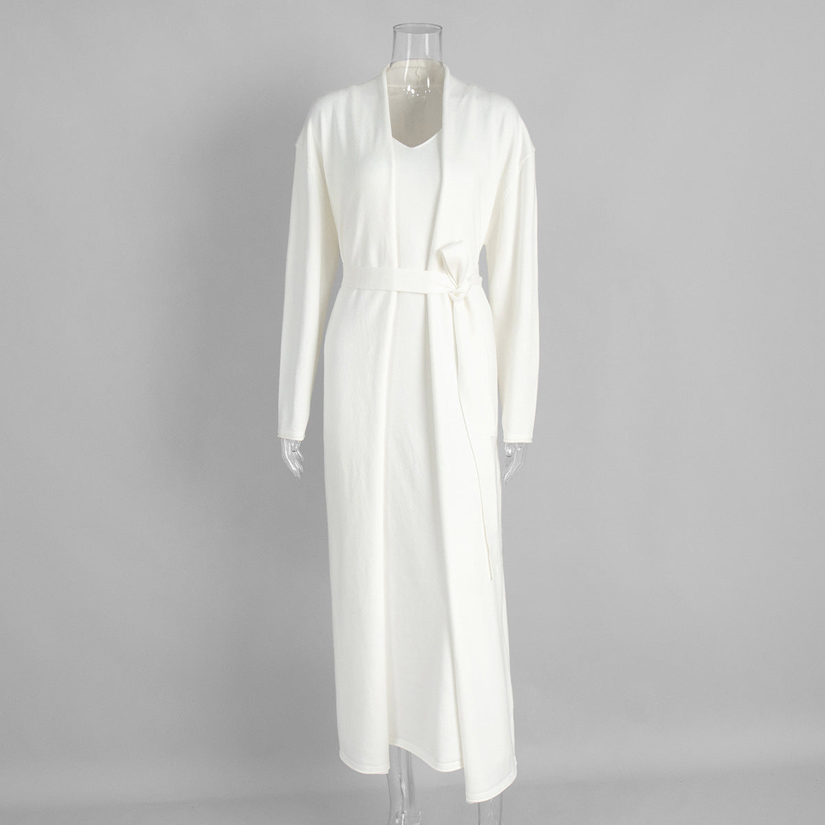 Long Belted Knit Cardigan & Maxi Slip Dress Set in Ivory — front view