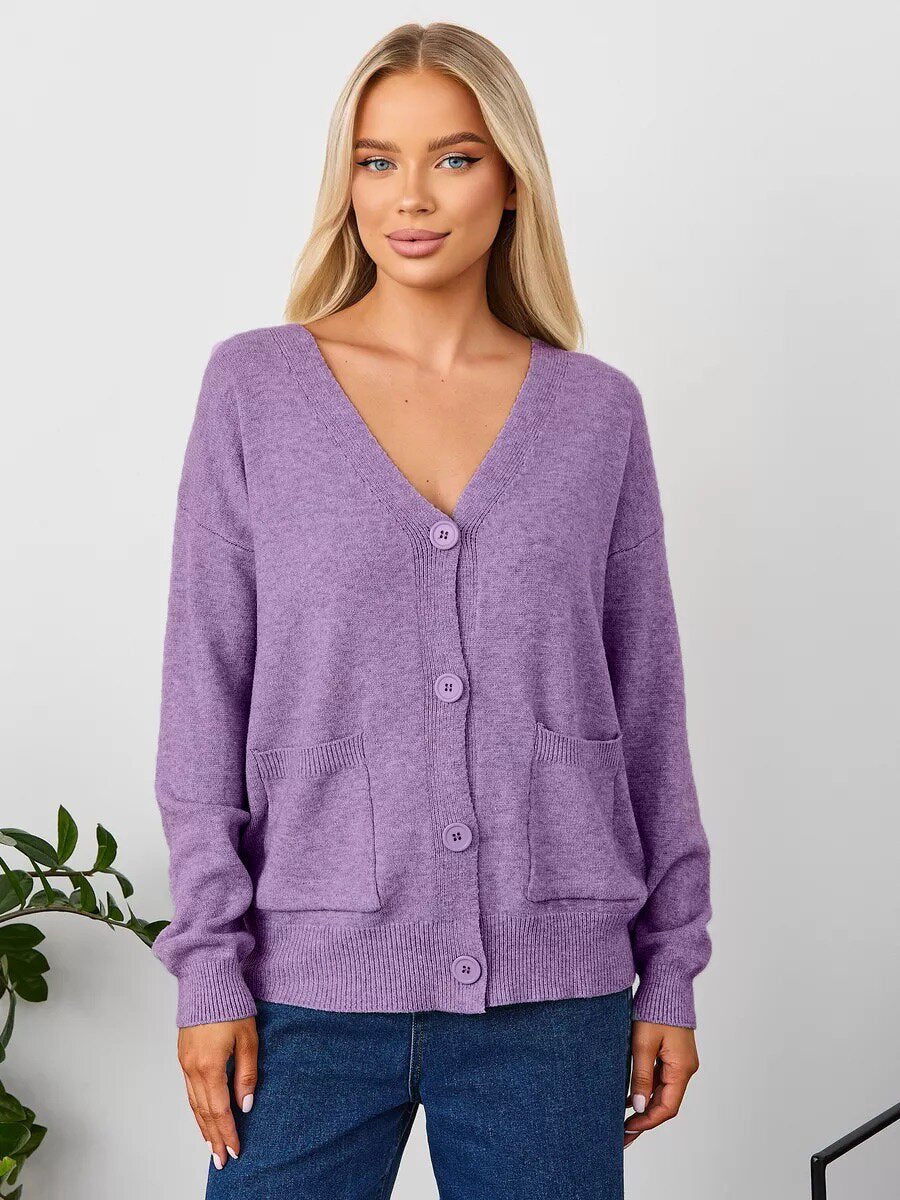 V-Neck Button Cardigan with Patch Pockets in Lavender — front view on model with jeans