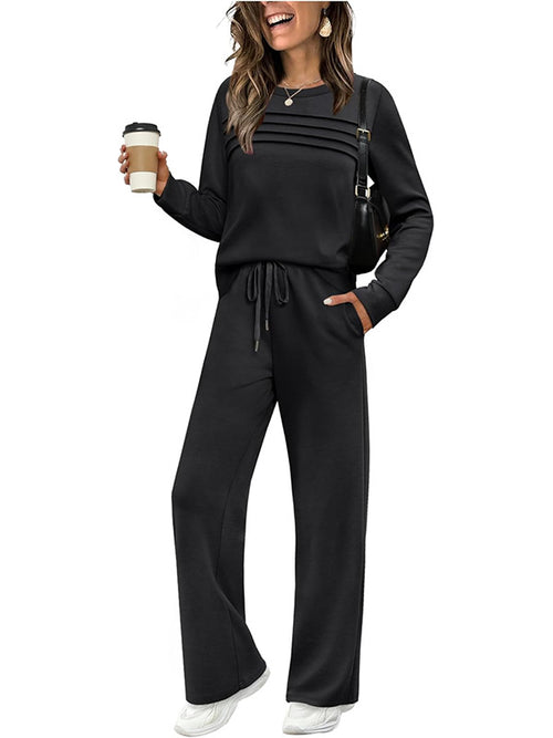 Ribbed Pullover & Drawstring Wide-Leg Pants Set in Black — full-length view on model