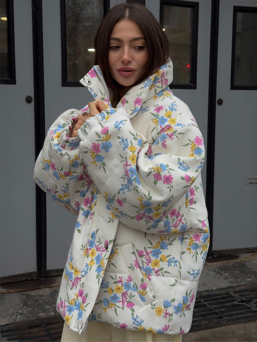 Floral Print Puffer Jacket with Stand Collar in Cream Floral — on model