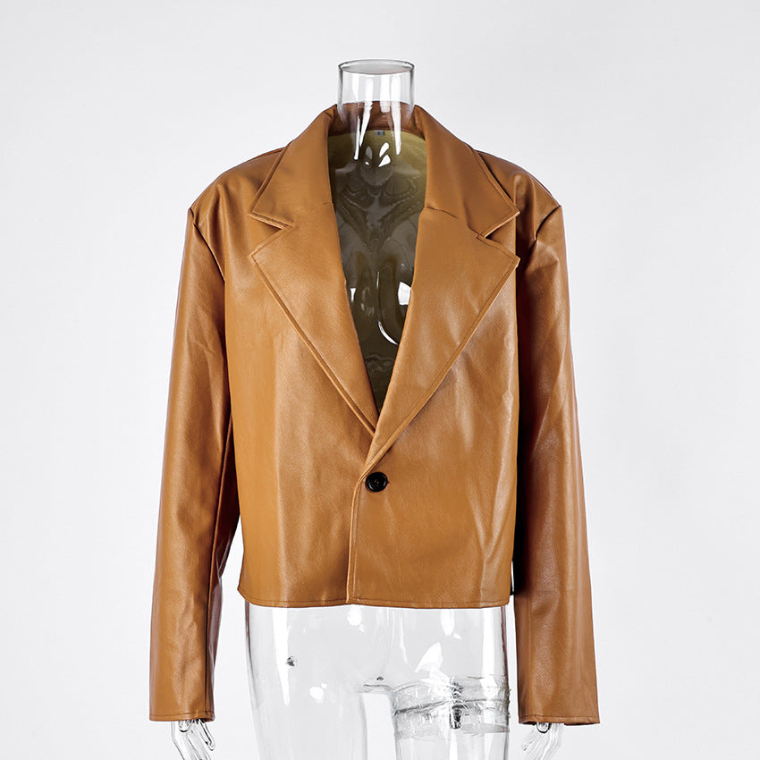 Faux Leather Blazer Jacket with Padded Shoulders in Cognac — front view on mannequin