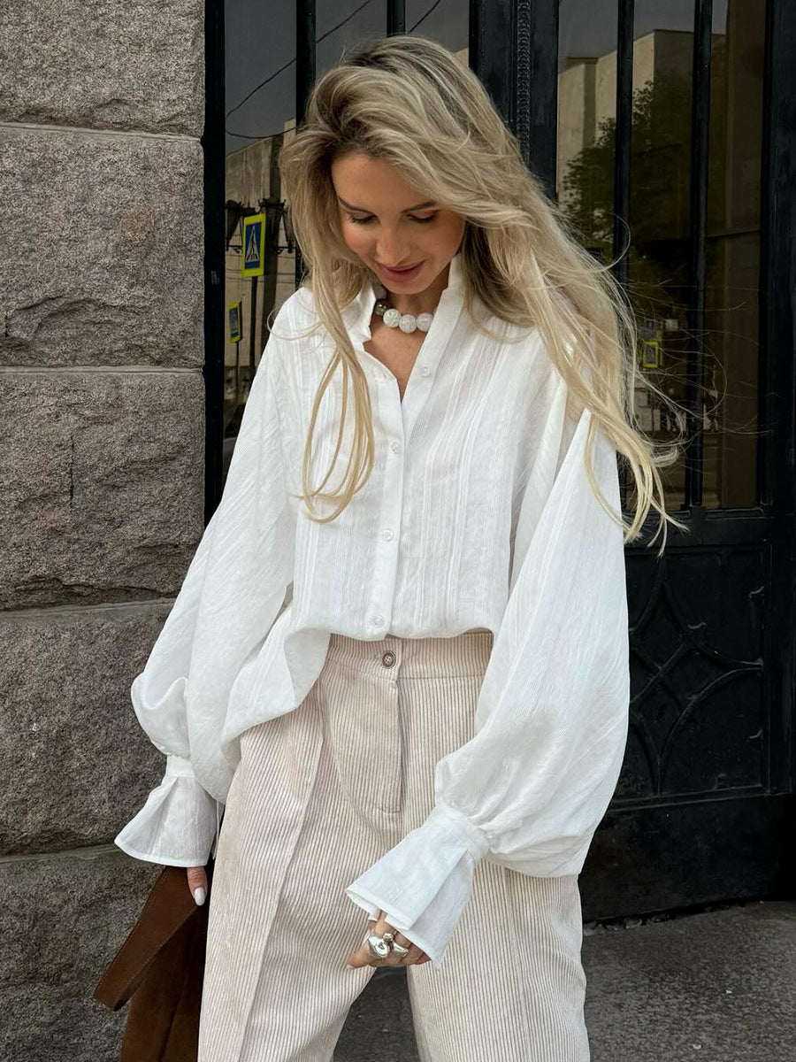 Cotton Corduroy Wide-Leg Pants with Pintuck Front in Cream — front view on model