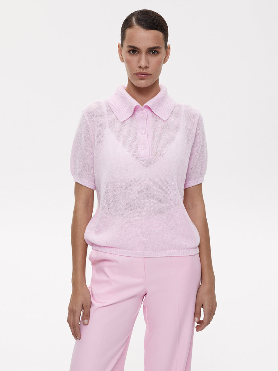 Soft Knit Short Sleeve Polo Top in Light Pink — on model with matching pants