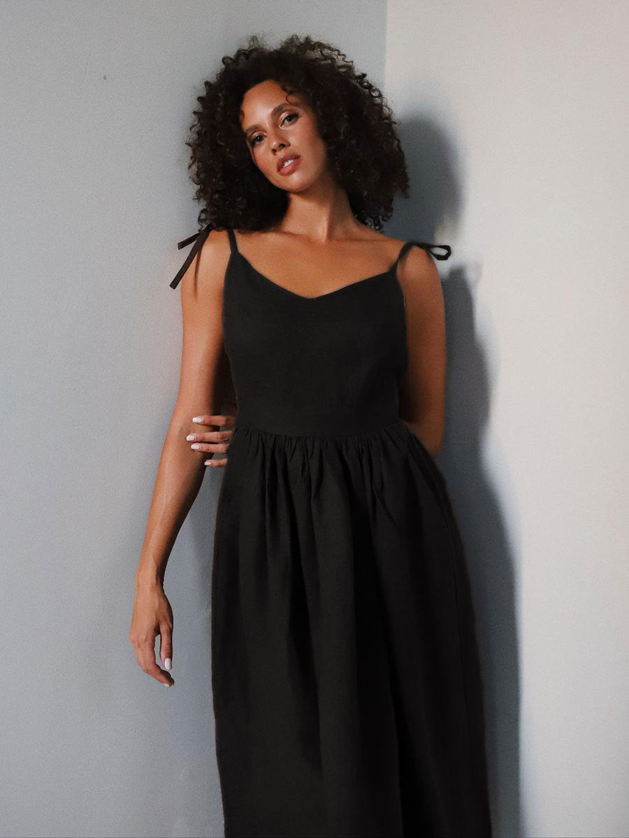 Tie-Shoulder Open-Back Cotton Maxi Dress in Black — front view on model