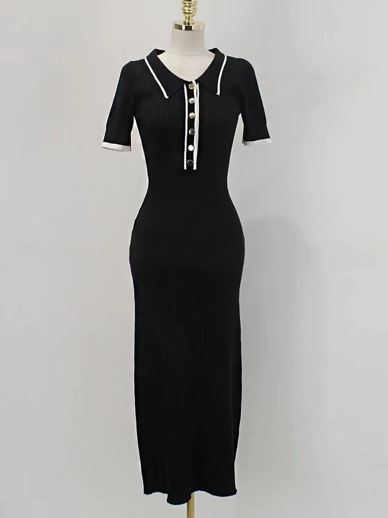 Contrast Collar Short Sleeve Ribbed Midi Dress in Black — front view on model or garment