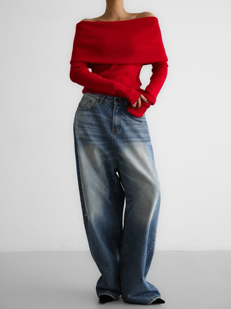 Off-Shoulder Fold-Over Knit Sweater in Red — full-length view with jeans
