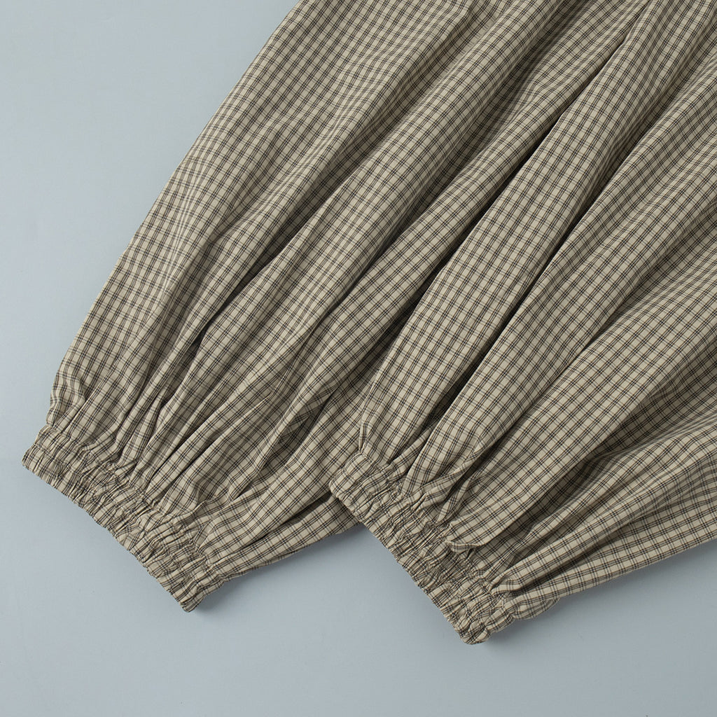Cotton-Rayon Check Balloon Harem Pants in Khaki Check — close-up of the ankle cuff