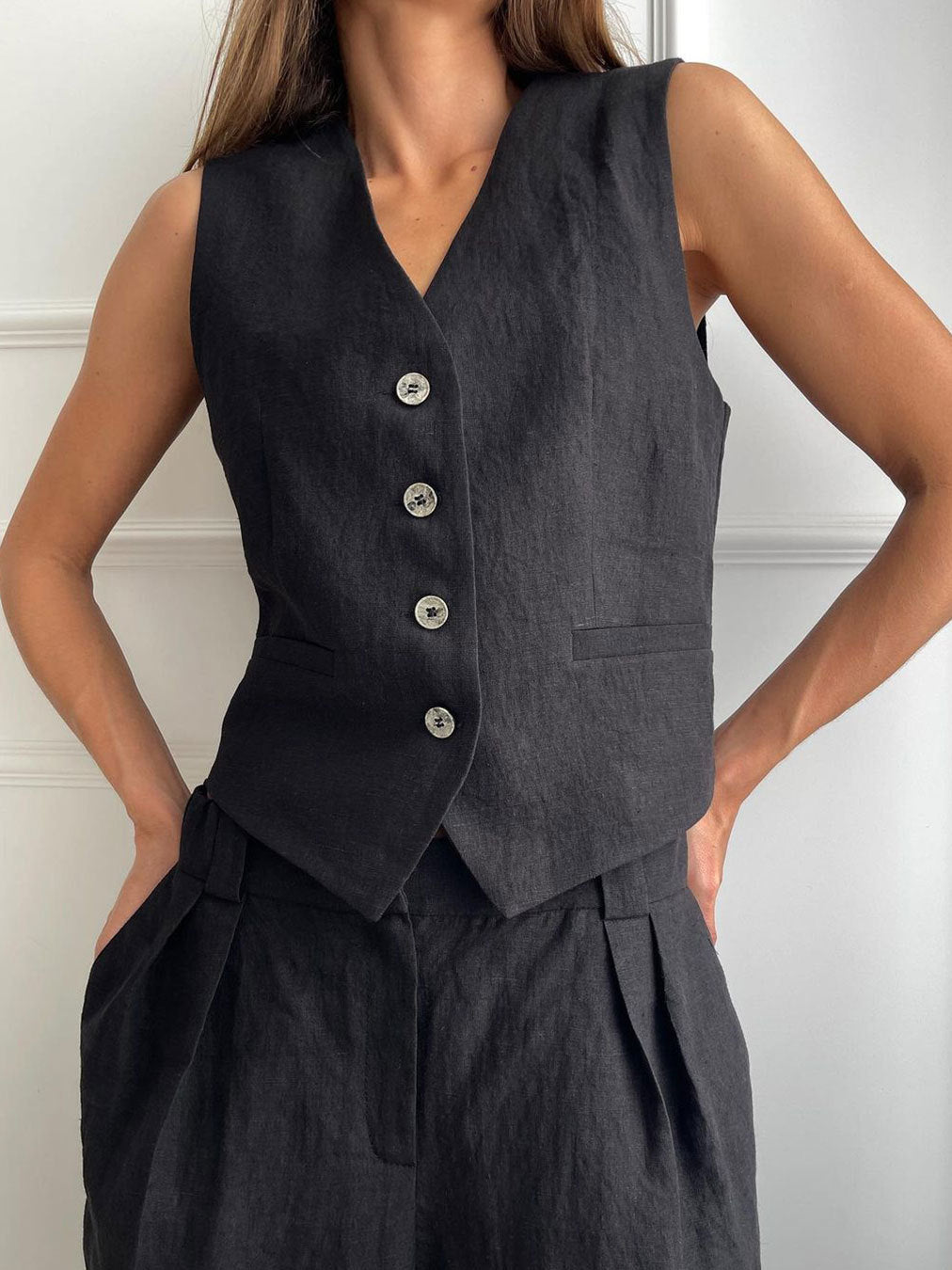Linen-Blend Vest & Wide-Leg Pants Set in Black — close-up of vest on model