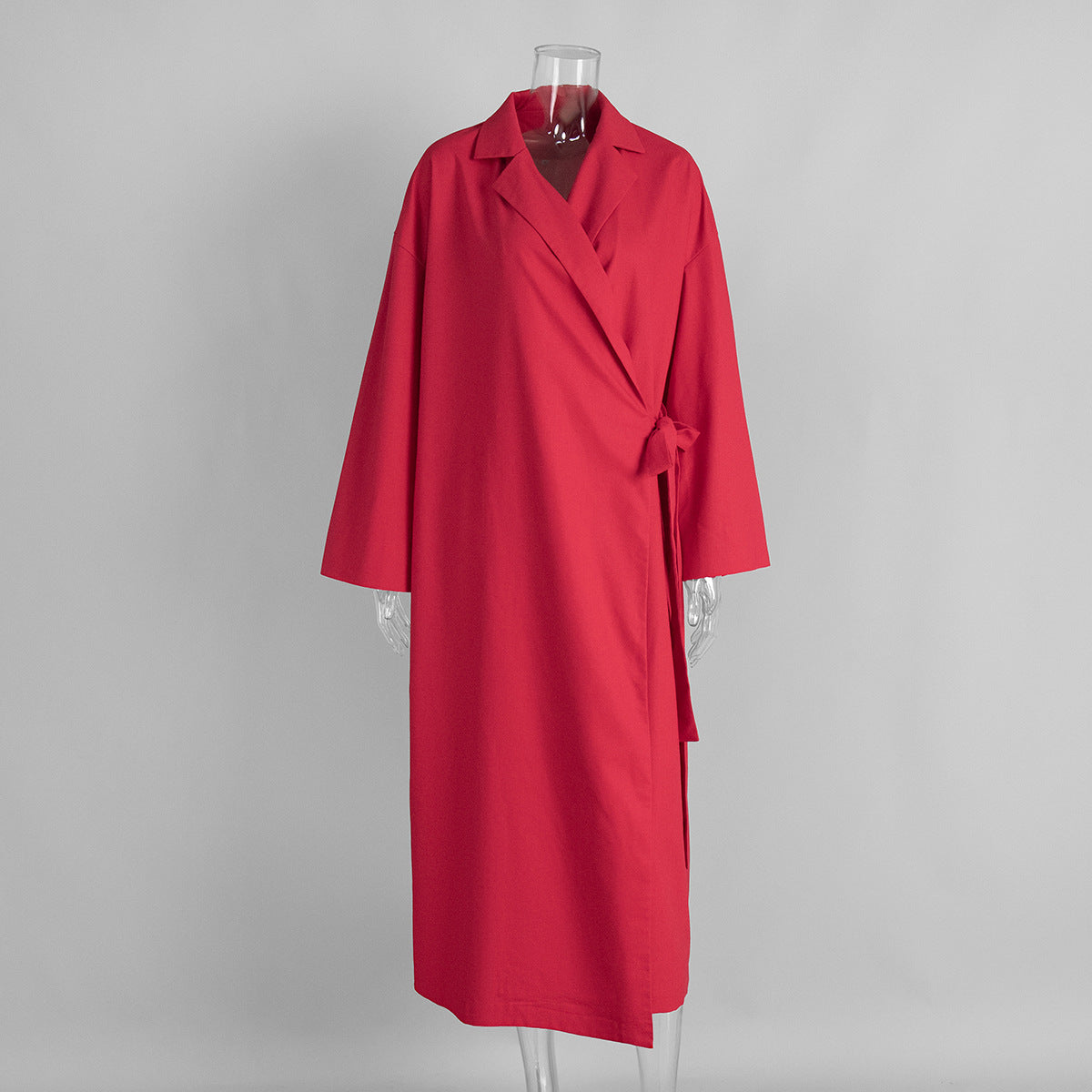 Linen-Blend Long Wrap Duster Dress in Cherry Red — front view on mannequin