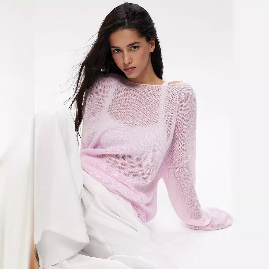Sheer Open-Knit Bell Sleeve Sweater in Light Pink — front view on model
