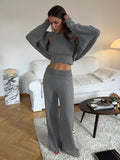 Three-Piece Knit Set: Cropped Tank, Balloon-Sleeve Shrug & Wide-Leg Pants in Heather Gray — full-length front view on model
