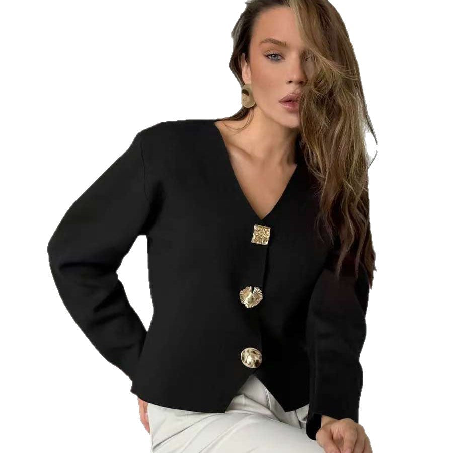 Sculptural Gold-Tone Button Knit Cardigan in Black — front view on model