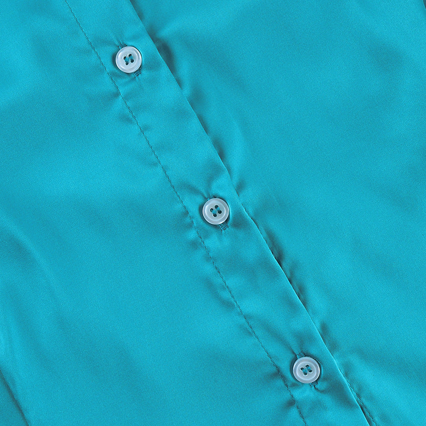 Fitted Stretch Satin Button-Up Shirt in Teal — close-up of the buttons