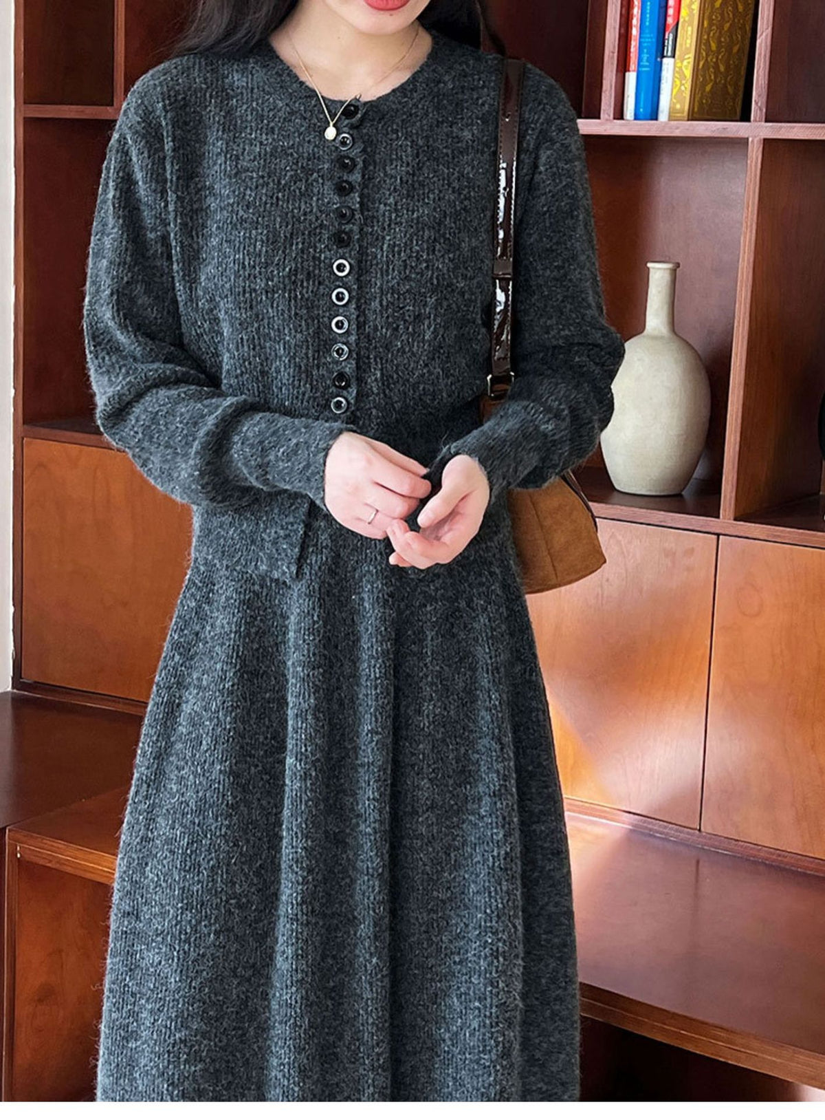 Button-Front Knit Cardigan & A-Line Maxi Skirt Set in Charcoal — close view on model