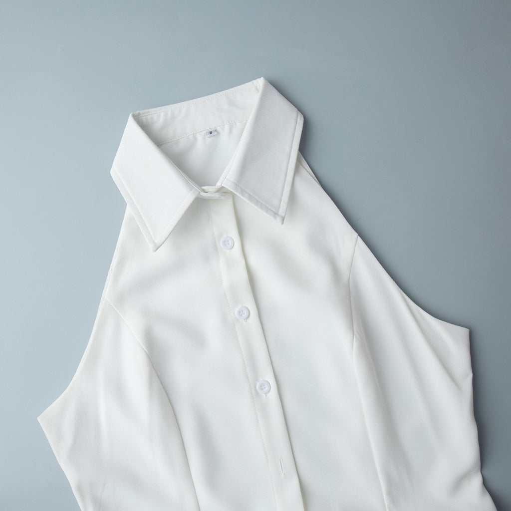 Sleeveless Button-Front Collared Maxi Dress in White — close-up of the collar