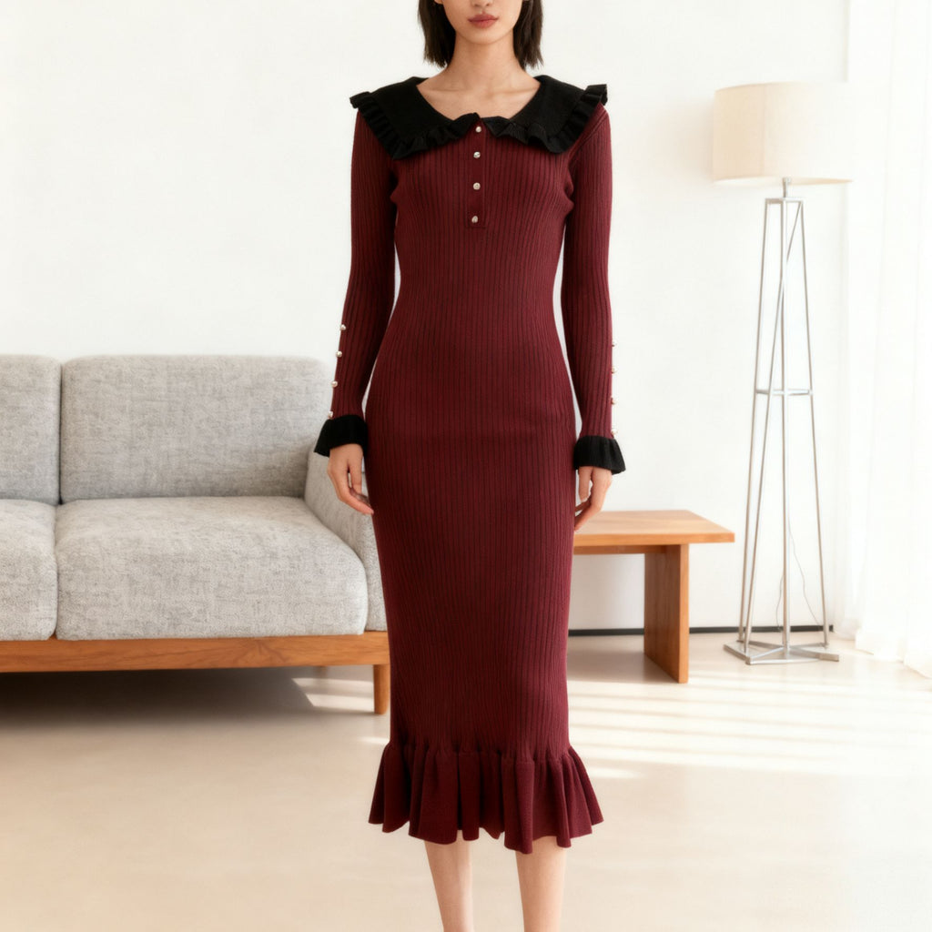 Ruffle Collar Ribbed Knit Midi Dress in Burgundy with Black Trim — full front view on model