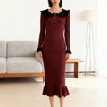 Ruffle Collar Ribbed Knit Midi Dress in Burgundy with Black Trim — full front view on model