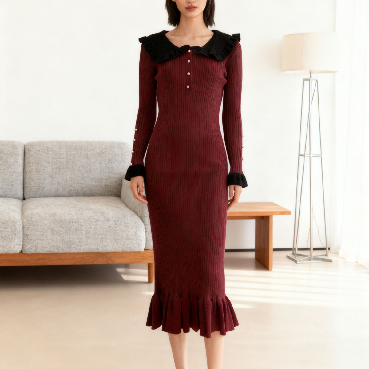 Ruffle Collar Ribbed Knit Midi Dress in Burgundy with Black Trim — full front view on model