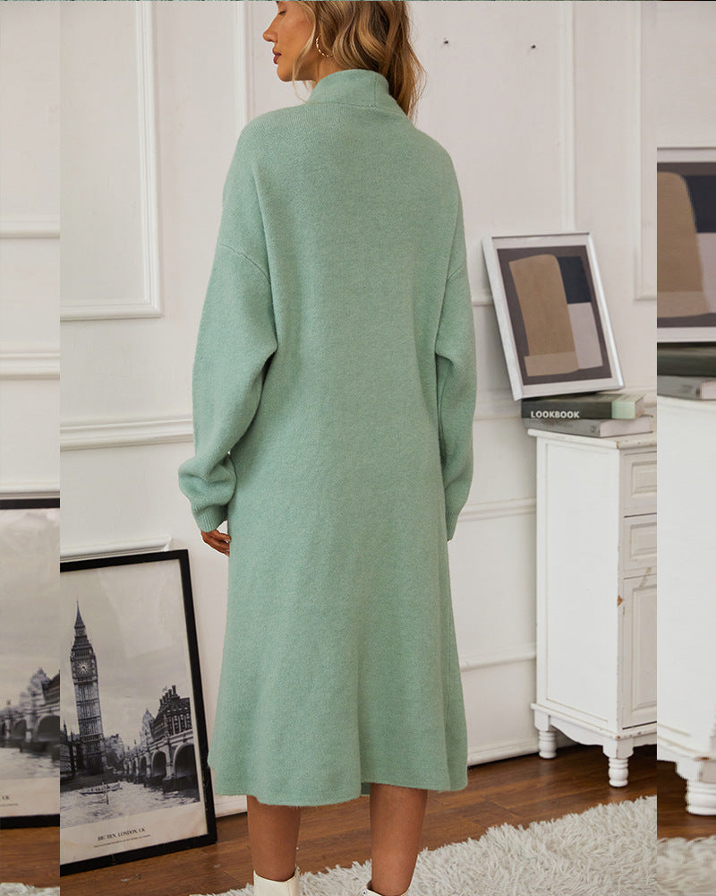 Long Open-Front Cardigan and Ribbed Knit Midi Dress Set in Mint Green — back view of the cardigan on model