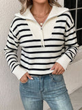 Striped Half-Zip Collared Sweater in Ivory & Black — front view on model with jeans