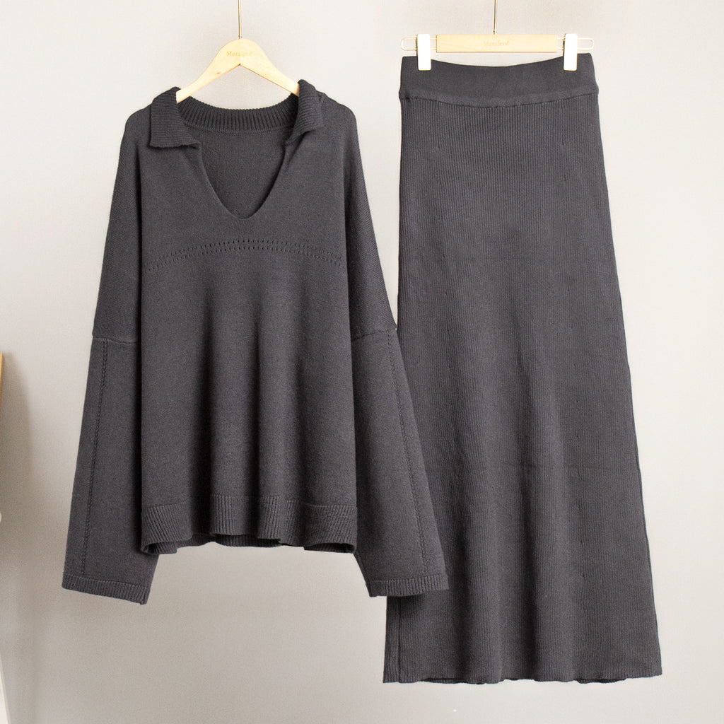 Oversized Collared V-Neck Sweater & Knit Maxi Skirt Set in Charcoal — set on hanger