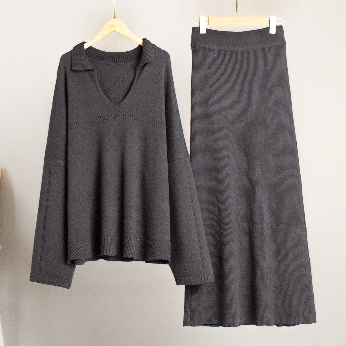 Oversized Collared V-Neck Sweater & Knit Maxi Skirt Set in Charcoal — set on hanger
