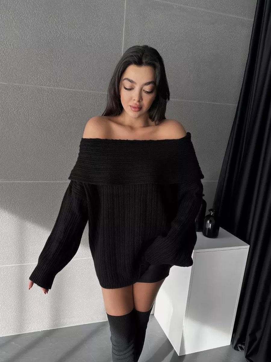 Oversized Fold-Over Off-Shoulder Sweater in Black — front detail