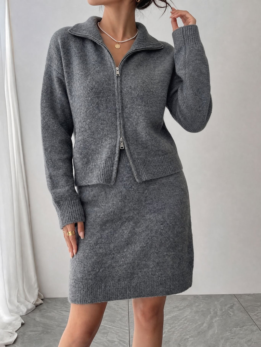 Collared Zip Cardigan and Knit Mini Skirt Set in Heather Gray — on model
