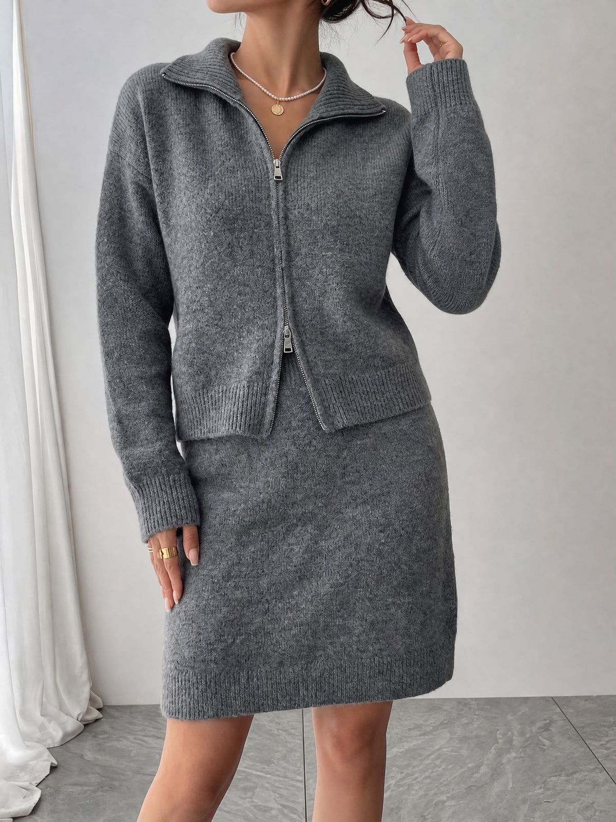 Collared Zip Cardigan and Knit Mini Skirt Set in Heather Gray — on model