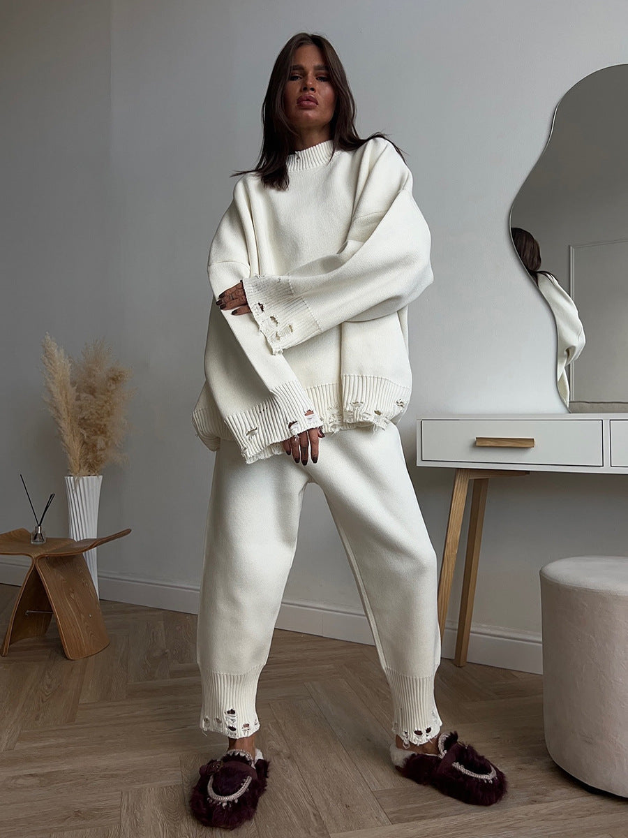Distressed-Hem Oversized Knit Sweater & Jogger Set in Cream — full-length view