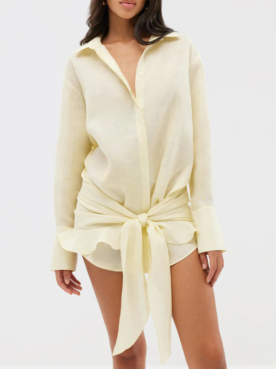 Tie-Front Cotton Mini Shirt Dress in Butter Yellow — front view, studio